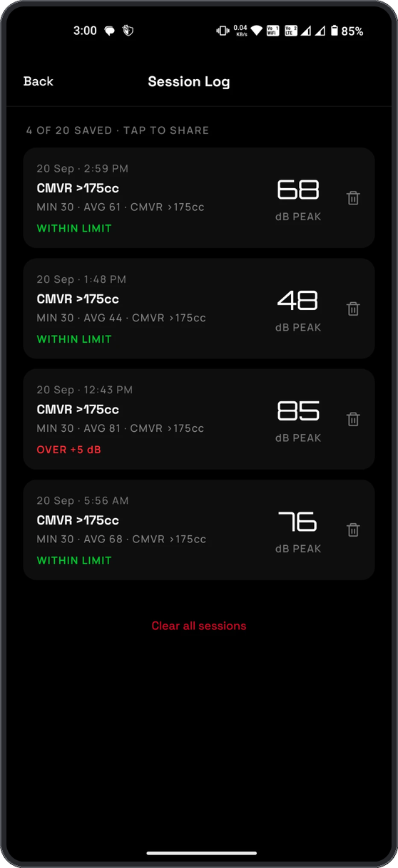 The session log, showing past measurements kept on the phone